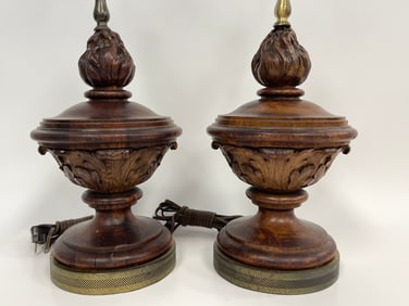 PAIR CARVED WALNUT LAMPS