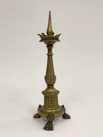 UNUSUAL TALL 17THC DUTCH BRASS CANDLESTICK W/ 3 PAW FEET & CROWN SHAPED WAX DRIP PAN