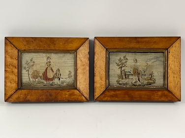PAIR WOOLWORKS...BUCOLIC SCENES IN MAPLE FRAMES