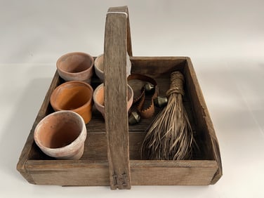FARM TOTE W/ CLAY POTS AND BROOM