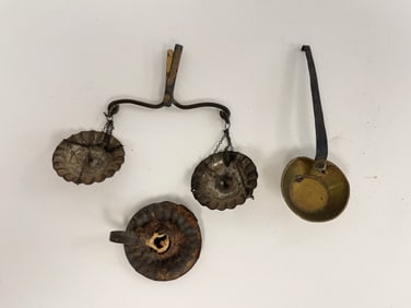 3 RARE & IMPORTANT LATE 18THC DOLLHOUSE MINIATURES; BALANCE SCALE, DIPPER, & CHAMBER STICK