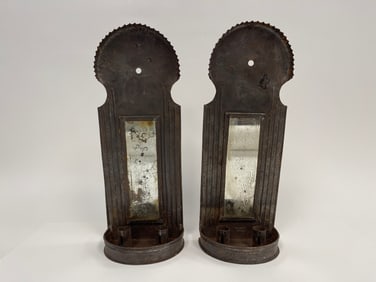PR PENNSYLVANIA SHEET IRON MIRROR BACK SCONCES W/ TWO CANDLE SOCKETS IN EACH