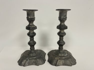 PAIR OF PEWTER QUEEN ANNE STYLE CANDLESTICKS