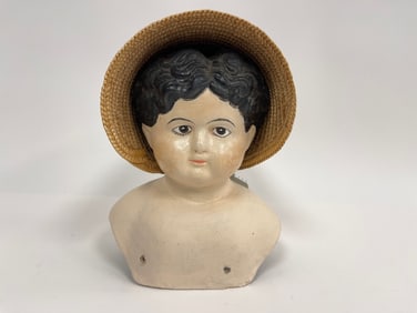 LARGE COMPOSITION DOLL HEAD ,WITH HAT
