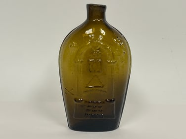 BLOWN MASONIC GREEN GLASS FLASK