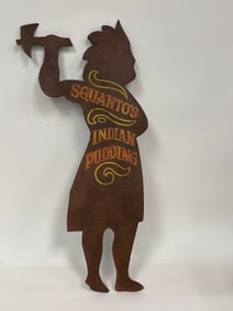 INDIAN WARRIOR SHAPED IRON TRADE SIGN, SQUANTO’S INDIAN PUDDING