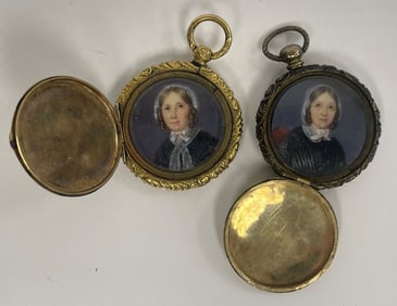 2 MINIATURE PORTRAITS OF MOTHER & DAUGHTER, IN POCKET WATCH SHAPED FRAMES. ONE WITH HAIR, ONE W/