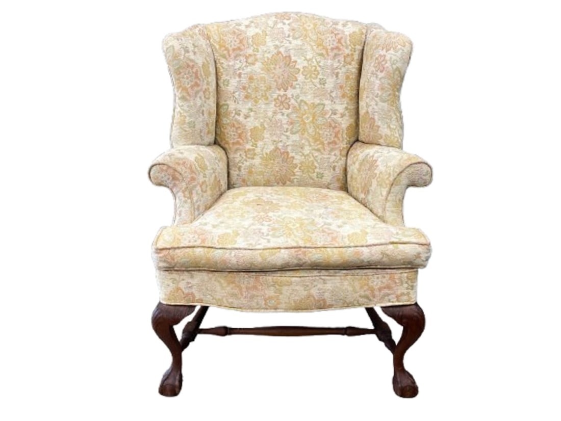 BALL & CLAW FOOTED STRETCHER BASE C. 1880 WING CHAIR W/ CLEAN UPHOLSTERY: BALL & CLAW FOOTED STRETCHER BASE C. 1880 WING CHAIR W/ CLEAN UPHOLSTERY