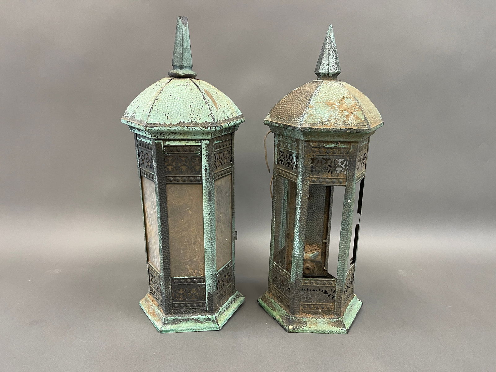 PAIR OF AGED COPPER HOUSE OR BARN FINIALLED LANTERNS: PAIR OF AGED COPPER HOUSE OR BARN FINIALLED LANTERNS24" x 11" x 9"