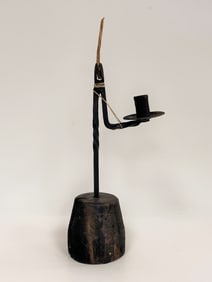 17TH OR 18THC FORGED IRON RUSH LIGHT W/ CANDLE SOCKET & DRIP PAN & ORIGINAL PIECE OF RUSH