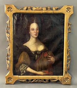 18THC PORTRAIT OF A YOUNG WOMAN WITH A ROSE, IN A HAND CARVED THISTLE MOTIF FRAME