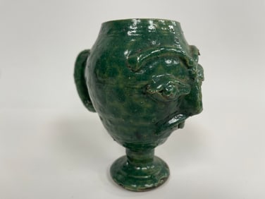 VICTORIAN COPY OF AN ANCIENT GREEN COLOR 12TH CENTURY FACE JUG IN THE SHAPE OF A SMALL MUG