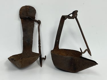 TWO 18TH C IRON HANGING GREASE LAMPS