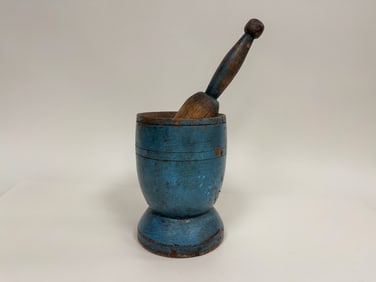 BLUE PAINTED MORTAR AND PESTLE