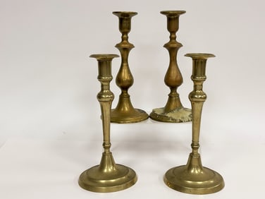 TWO PAIRS BRASS CANDLESTICKS