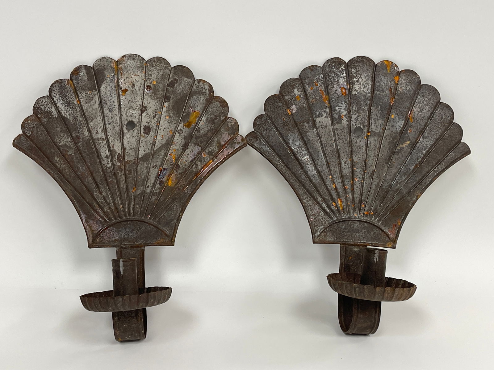 PAIR OF FAN SHAPED, SINGLE LIGHT, SHEET IRON SCONCES 10" X 13" X 4" (1 of 4)