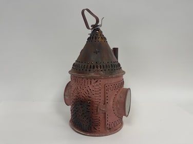 RED SHEET IRON REVERE LANTERN IN OLD PAINT 15" X 7"