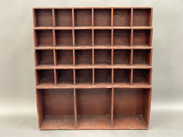 NEST OF ORIGINAL RED PAINTED GRADUATED CUBBY HOLES W/ EARLY NEW HAMPSHIRE LABEL 30" X 8" X 32"