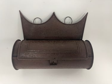 ROUND SHEET IRON HANGING CANDLE BOX W/ SHAPED BACK PANEL 10" X 8" X 4"