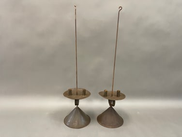 PAIR OF 3’ SAND BASE, ADJUSTABLE SHEET IRON & WIRE 2 SOCKET CANDLE STANDARDS 9" X 36"