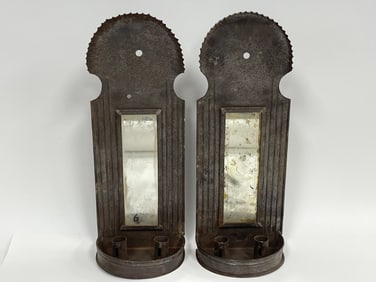 PAIR OF SHEET IRON, MIRROR BACK, TWO SOCKET CANDLE, WALL SCONCES 16" X 6" X 4"