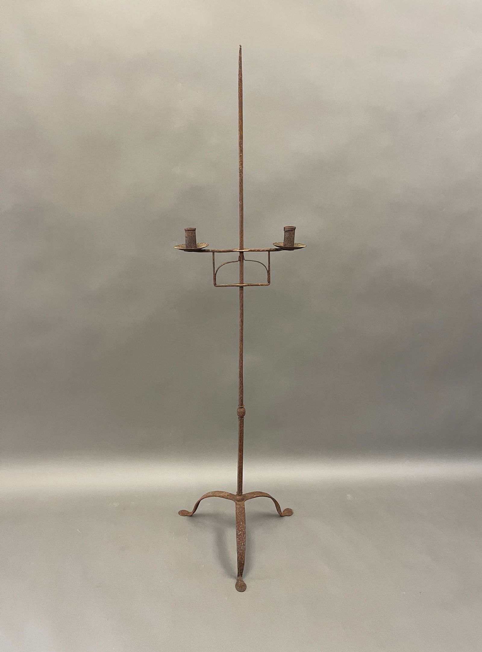 FLOOR STANDING ADJUSTABLE, FORGED IRON, QUEEN ANNE BASE DOUBLE SOCKET, LIGHTING DEVICE 57" X 16" (1 of 1)