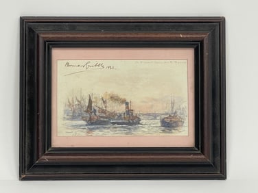 SMALL FRAMED WATERCOLOR HARBOR SCENE, SIGNED & DATED 1932 8" X 10"