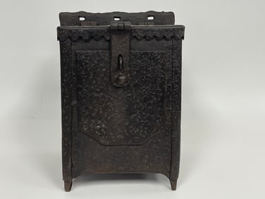 18THC IRON ALMS BOX W/ COIN SLOT AND PADLOCK ARMS 12" X 8" X 8"