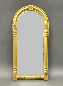 ORIGINAL GILT 19THC MIRROR W/ ARCHED TOP & OLD GLASS 15" X 32"