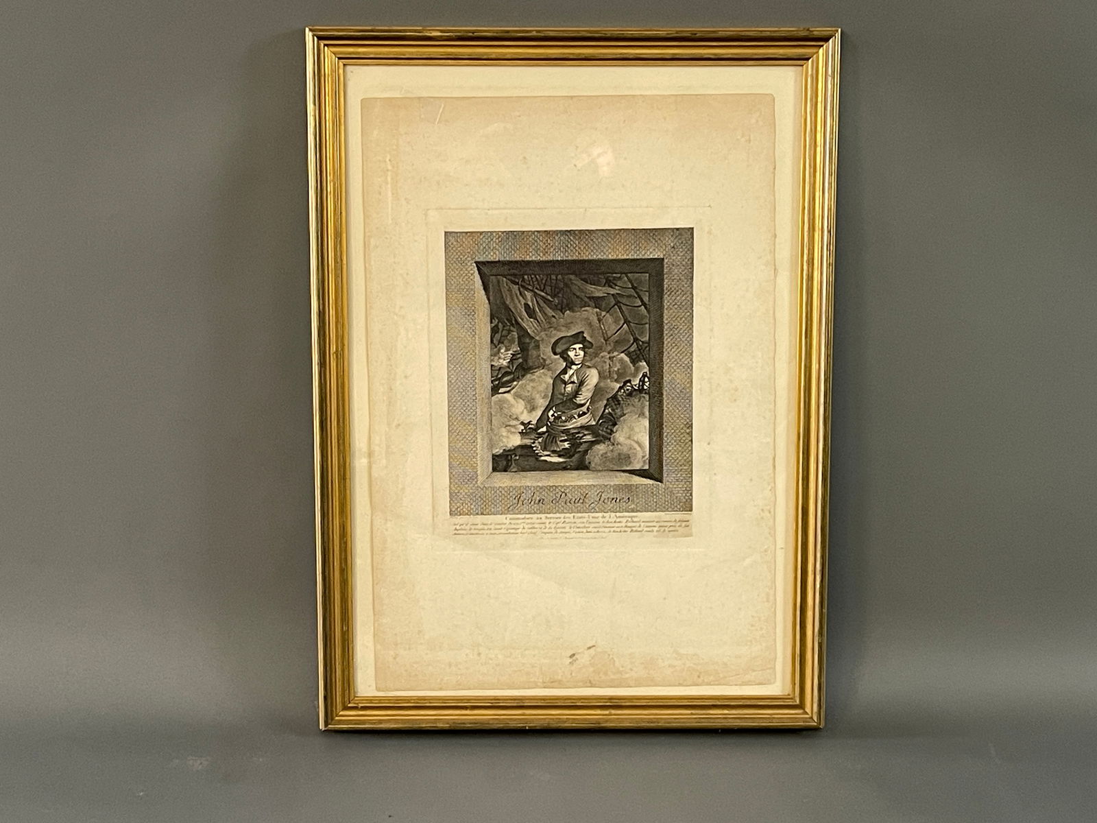 PERIOD FRENCH ENGRAVING OF JOHN PAUL JONES IN A LEMON GOLD FRAME 19" X 26": PERIOD FRENCH ENGRAVING OF JOHN PAUL JONES IN A LEMON GOLD FRAME19" x 26"