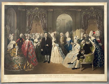 “FRANKLIN AT THE FRENCH COURT?? HAND COLORED PRINT DATED 1853 32" X 42"