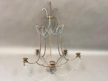 18THC IRON, HANGING BLACKSMITH FORGED, AMERICAN CHANDELIER W/ BRASS BEAD SWAGGED ACCENTS 36" X 44"