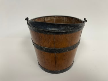 MINIATURE WOODEN, STAVED BUCKET/ SILVER BANDS 5" X 5"