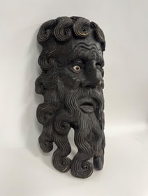 CARVED WOODEN, BEARDED MASK OF GLASS EYED POSEIDON IN THE ORIGINAL FINISH 23" X 12" X 8"