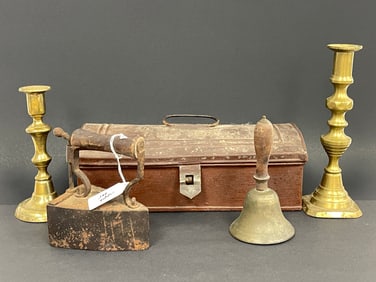 RED PAINTED TIN BOX , TWO CANDLESTICKS , IRON , BELL