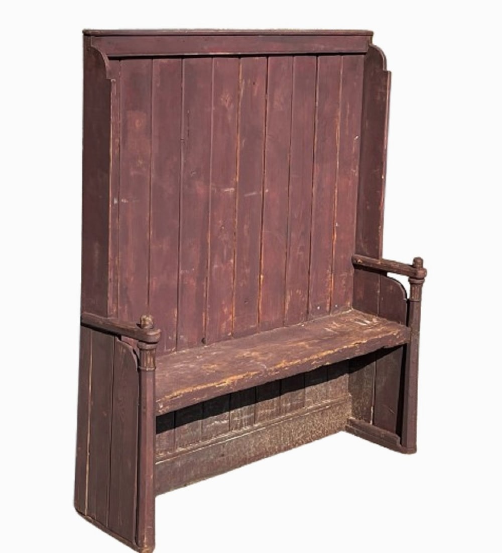 RED SETTLE BENCH W/ UNUSUAL POSTS & HANDS (1 of 4)