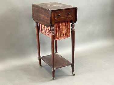 LATE 18TH C 2 DRAWER WORK TABLE W/ DROP LEAVES AND UNUSUAL SHELF BENEATH