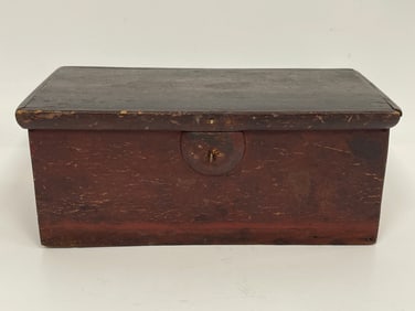 19TH C PINE DOCUMENT BOX IN ORIGINAL RED PANT C.1820