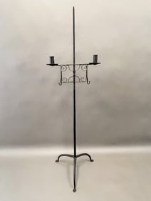 A 18TH C WI FLOOR STANDING LIGHTING DEVICE TWO CANDLE OLD BLACK PAINT