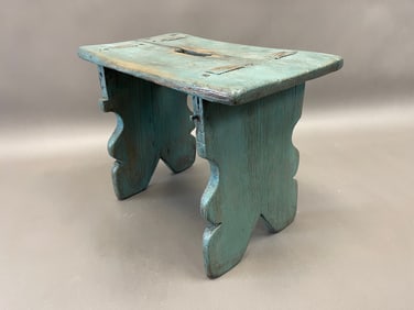 AN 18TH C PINE BOARD END JOINT STOOL IN OLD BLUE PAINT