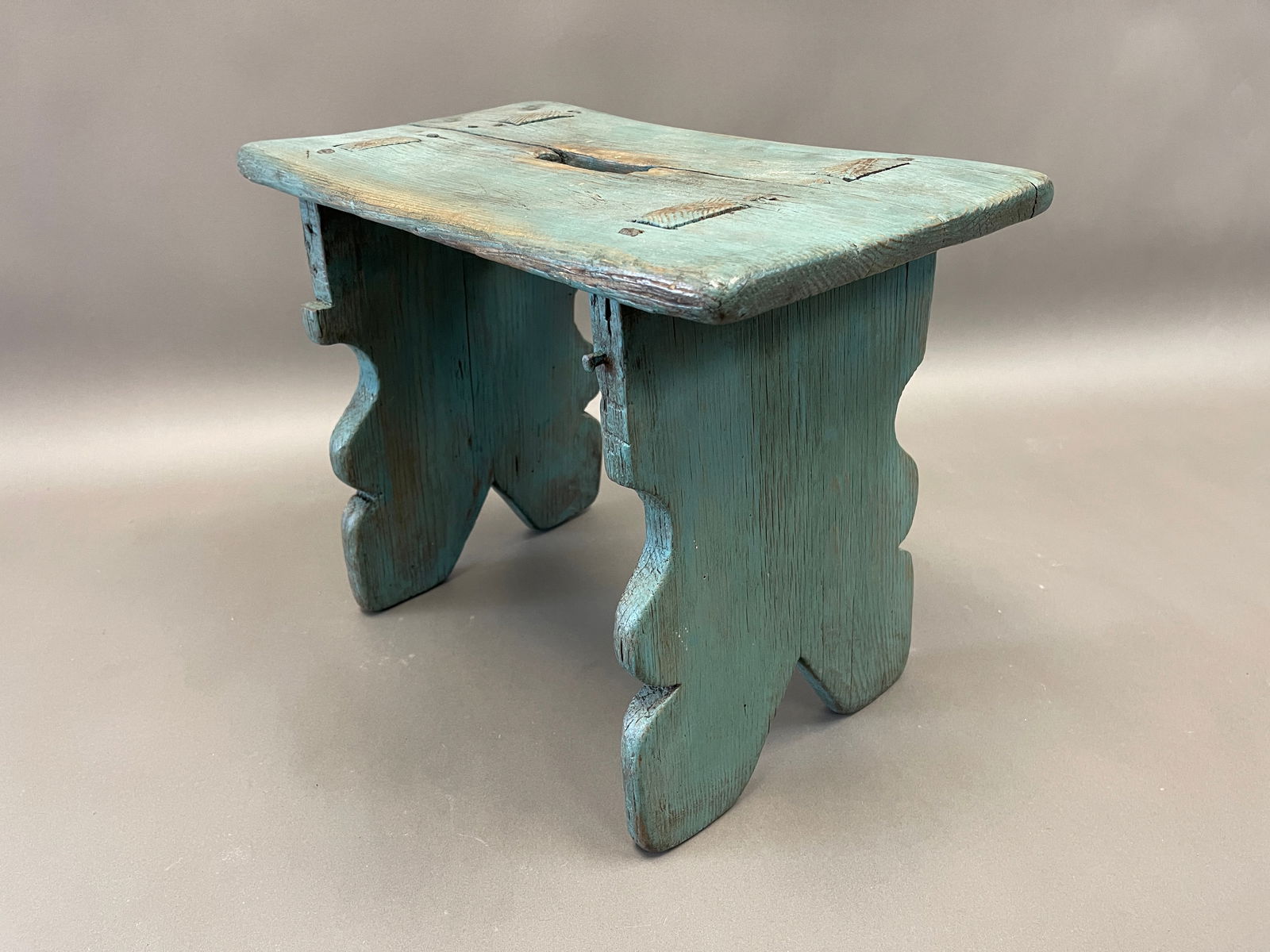 AN 18TH C PINE BOARD END JOINT STOOL IN OLD BLUE PAINT (1 of 4)