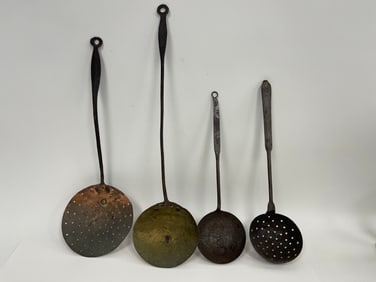 GROUPING OF EARLY IRON STRAINERS , LADLES