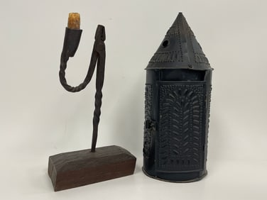 PIERCED TIN LANTERN ,IRON RUSH , CANDLE LIGHT