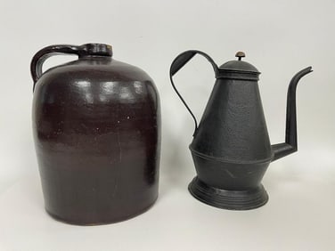 STONEWARE JUG, PIERCED TIN TEAPOT WITH TULIP DESIGN