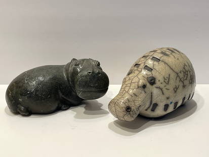 TWO CARVED STONE HIPPOS: TWO CARVED STONE HIPPOS 8", 9"