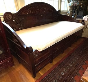 CARVED AND INLAID DECORATED ASIAN CHINOISERIE OPIUM BED USED AS A SOFA
