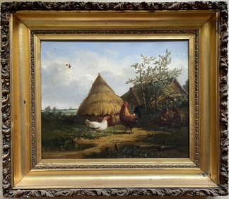 PAINTING ON PANEL CHICKENS IN THE BARNYARD