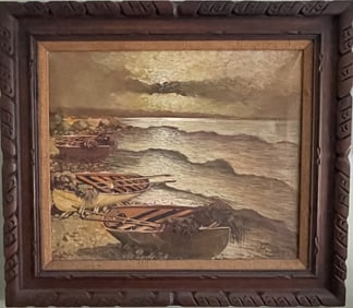 O/C PAINTING OF A SEASCAPE WITH ROWBOATS