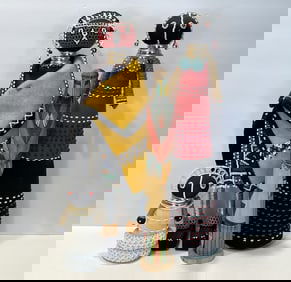 GROUPING OF BEADED DOLLS, CARVED WOODEN FIGURE