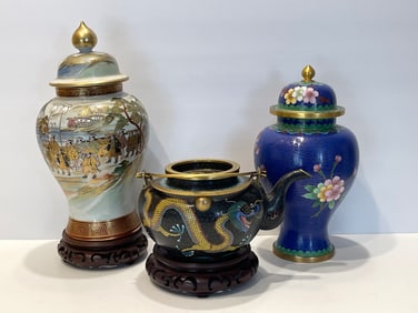 TWO COVERED VASES, CLOISONNE TEAPOT
